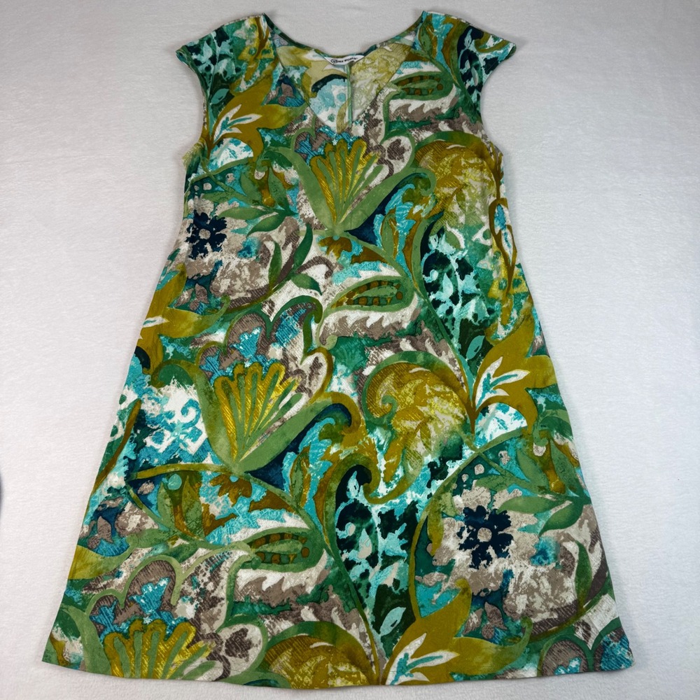 Jams World Mosaic Fern Dress Womens Large Green Rayon Resort Tropical Hawaiian